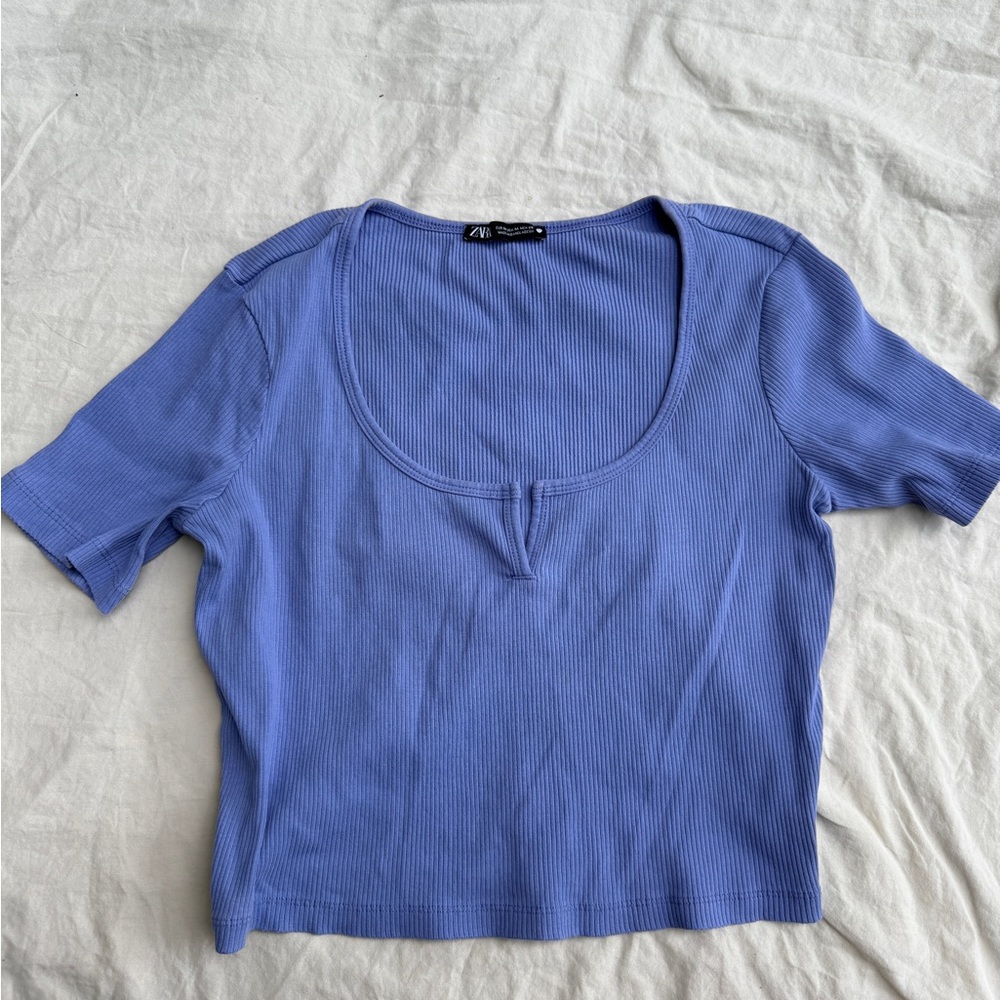 Zara Short Sleeve Ribbed Top in Blue